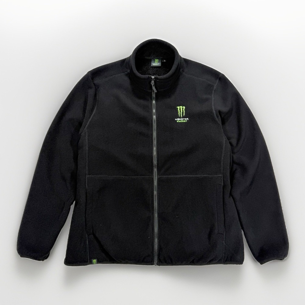 Monster Energy Men's XL Full Zip Fleece Jacket Black Embroidered Logo Y2K Racing